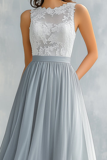 Light Grey A Line Lace Chiffon Long Bridesmaid Dress